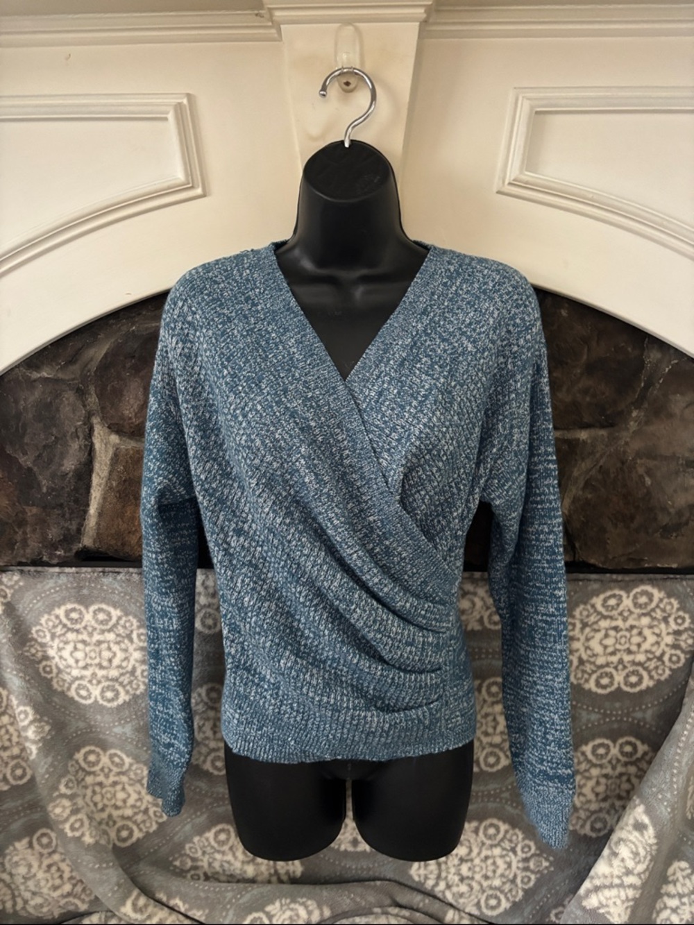 Shein Women’s Pullover Blue Marled V-Neck Wrapped Sweater size Medium